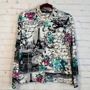 Onque Petite Paris Eiffel Tower Print Zip Up Jacket Rhinestone Floral PL